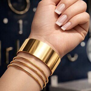 Gold Plated Wide Cuff Bracelet Statement Bangle Open Wire Design Adjustable